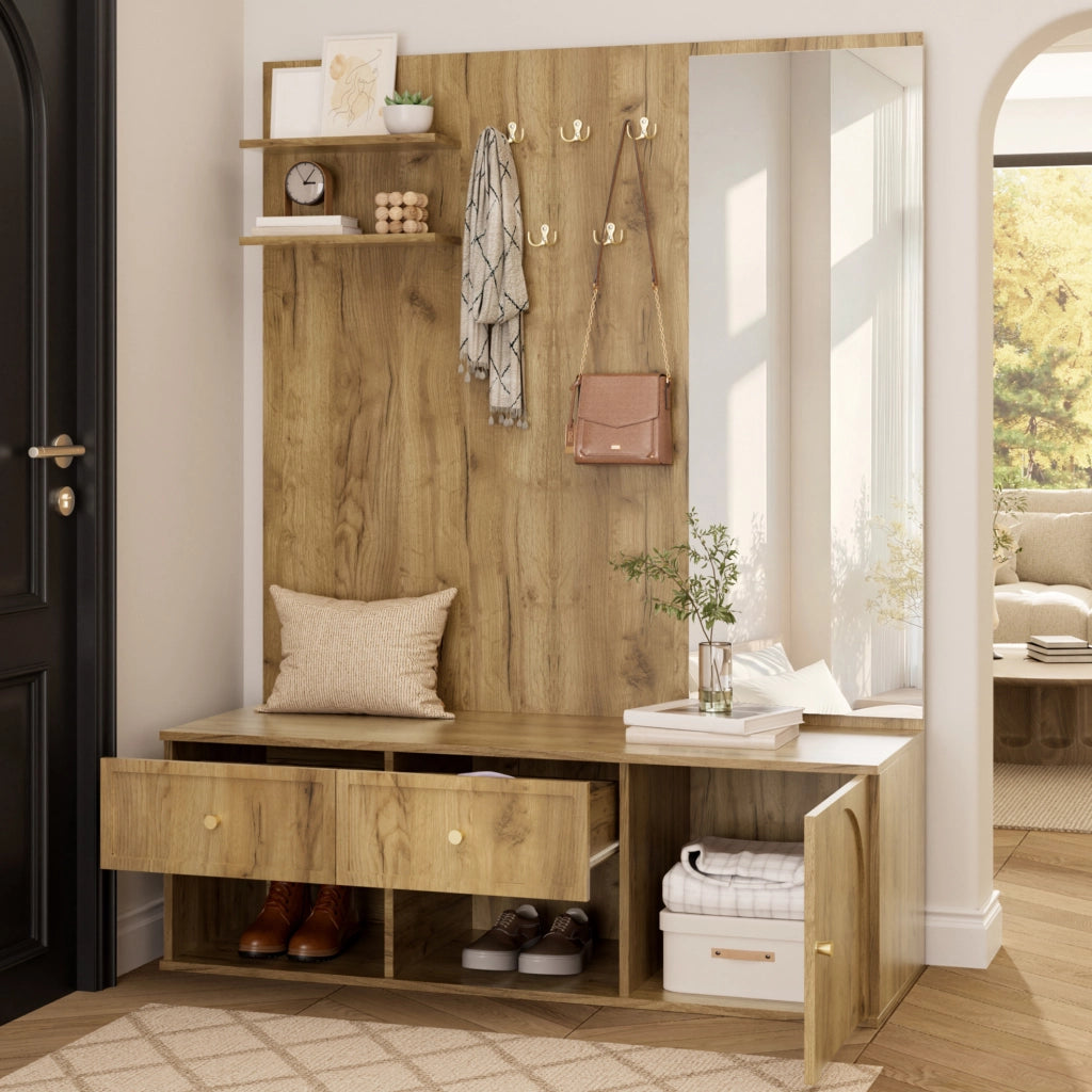 Mobile ingresso con specchio; 5 ganci; 2 cassetti e vano con anta; effetto legno; 120x35x159 cm