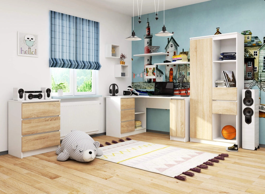 Scrivania angolare AKORD B20 Bianco 155 cm 1 anta 3 cassetti inserto frontale Sonoma Quercia 155x85x77 cm Modello a sinistra