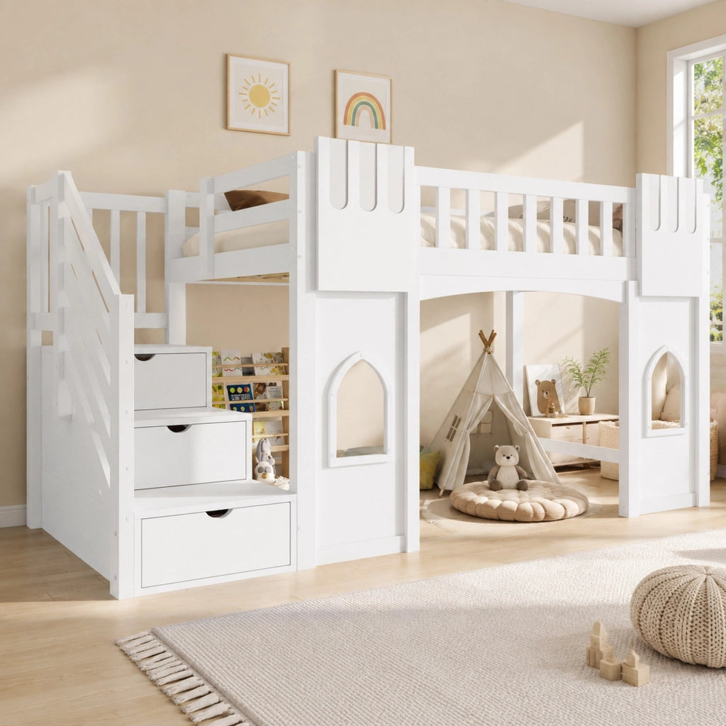 Letto a soppalco 90x200 cm con scala contenitore e finestre