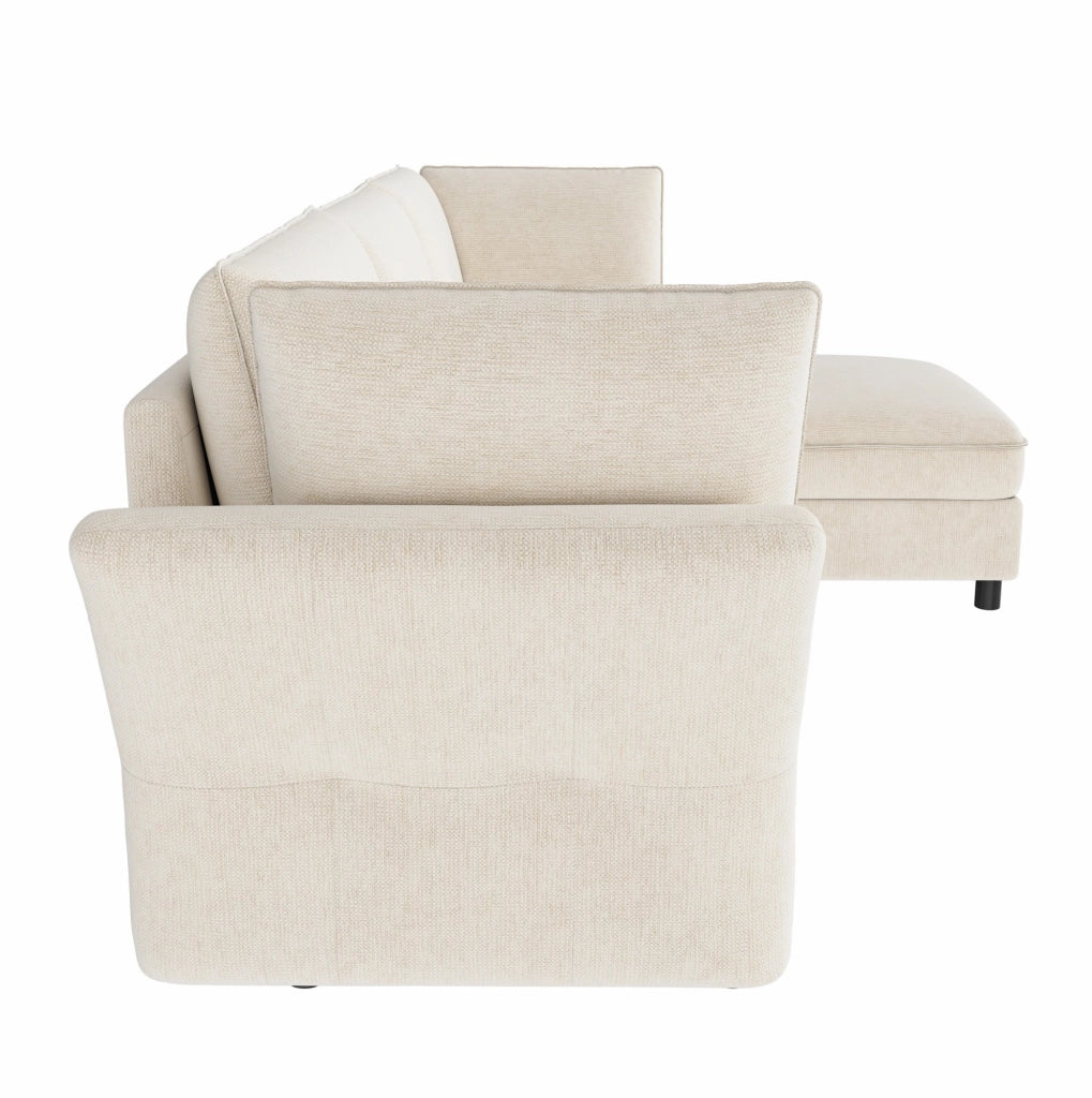Divano modulare a L con pouf contenitore; 225 x 137 x 84 cm; in chenille beige