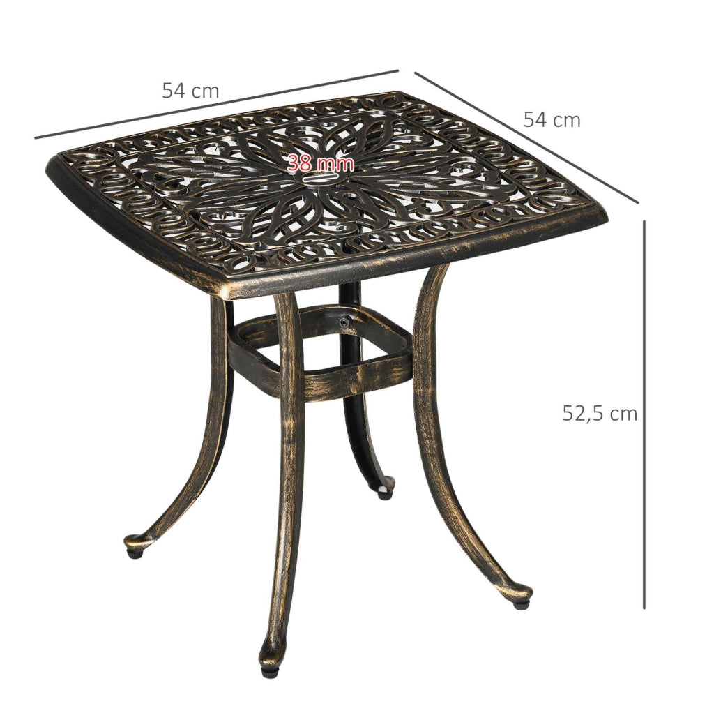 Tavolino da terrazza 54 x 54 x 52,5 cm in alluminio bronzo con foro per ombrellone
