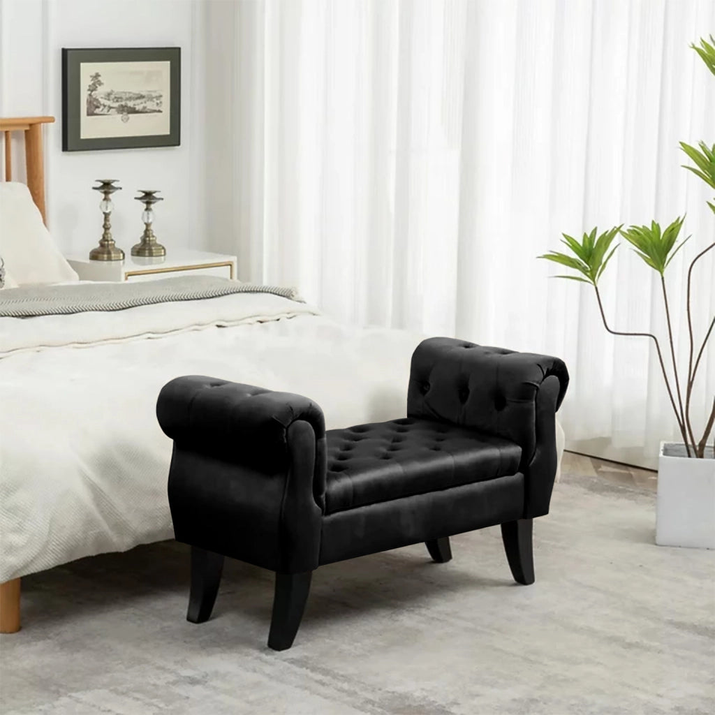 Divanetto In Velluto Panca Contenitore Pouf PortaOggetti Panca Sgabello A Pie Di Letto Cassapanca Ingresso Legno Massello Panchina - Nero