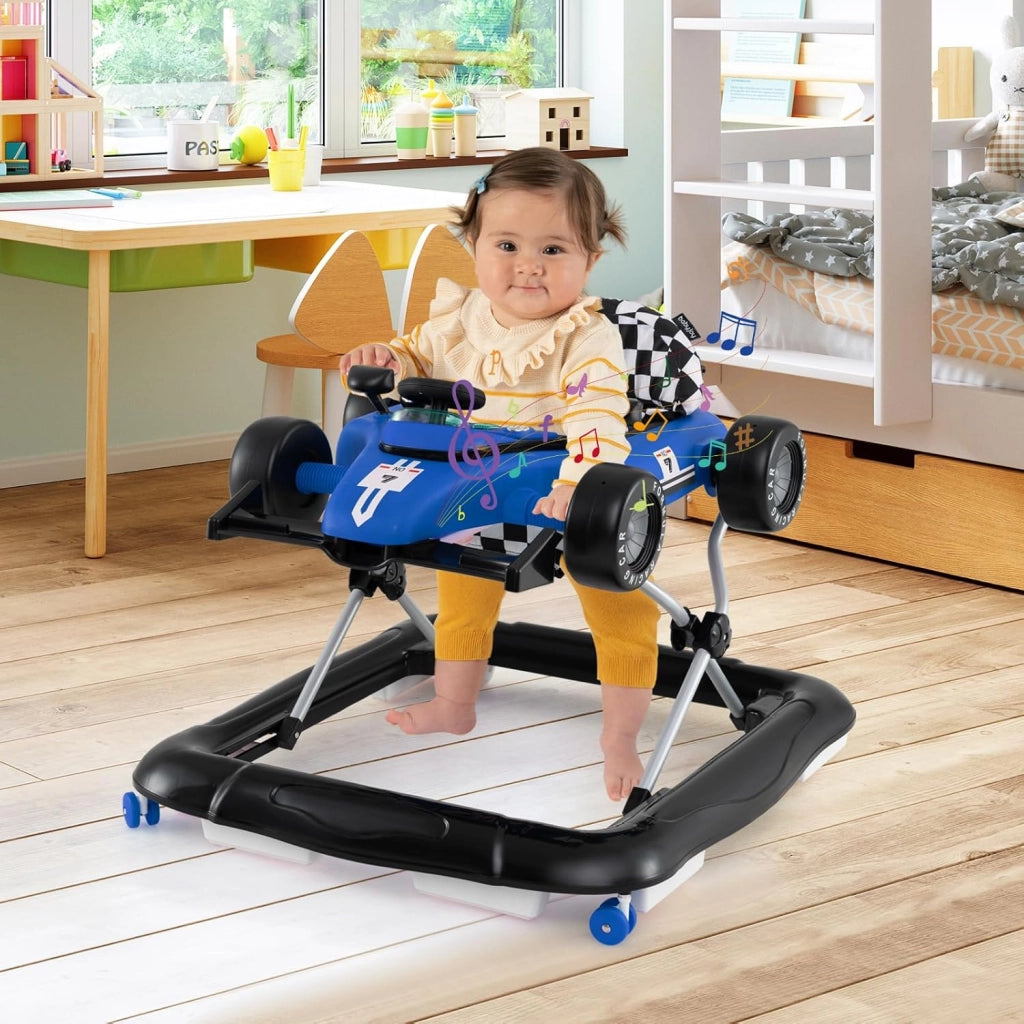 4 in 1 Girello per Bambini, Altezza Regolabile a 3 Livelli, Passeggino per Bambini, con Volante Imbottito e Scatola Musicale, Portata 12 kg, per Bambini 6-18 Mesi (Blu)