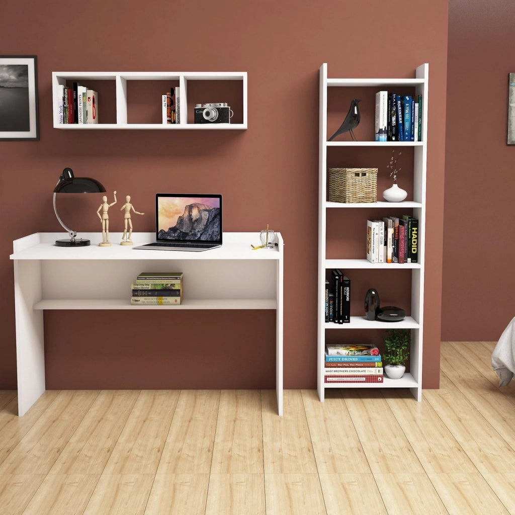 Scrivania in legno "Hera" con libreria e mensola a muro - 118 x 58 x 80 cm - Bianco