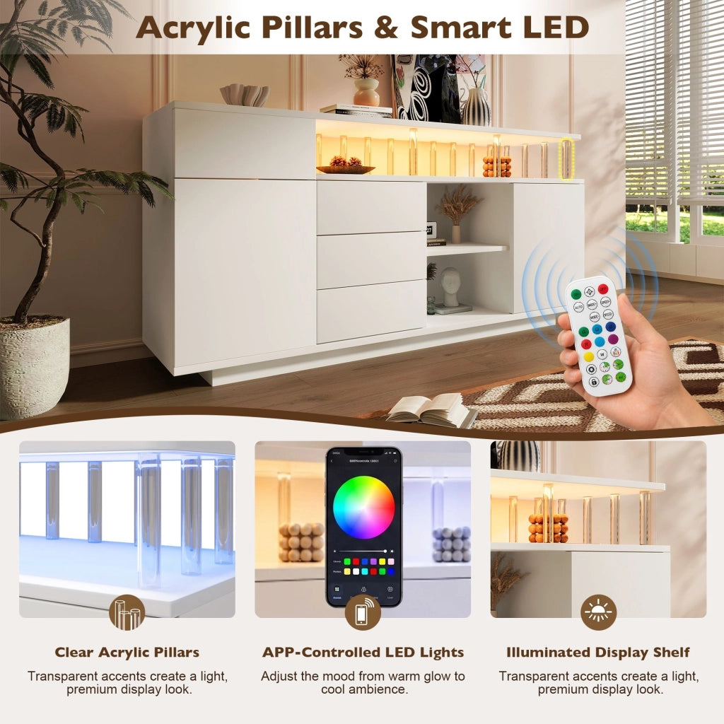 Credenza, mobile da ingresso, illuminazione a LED, 4 cassetti, ripiani regolabili, 160 x 40 x 75 cm, bianco