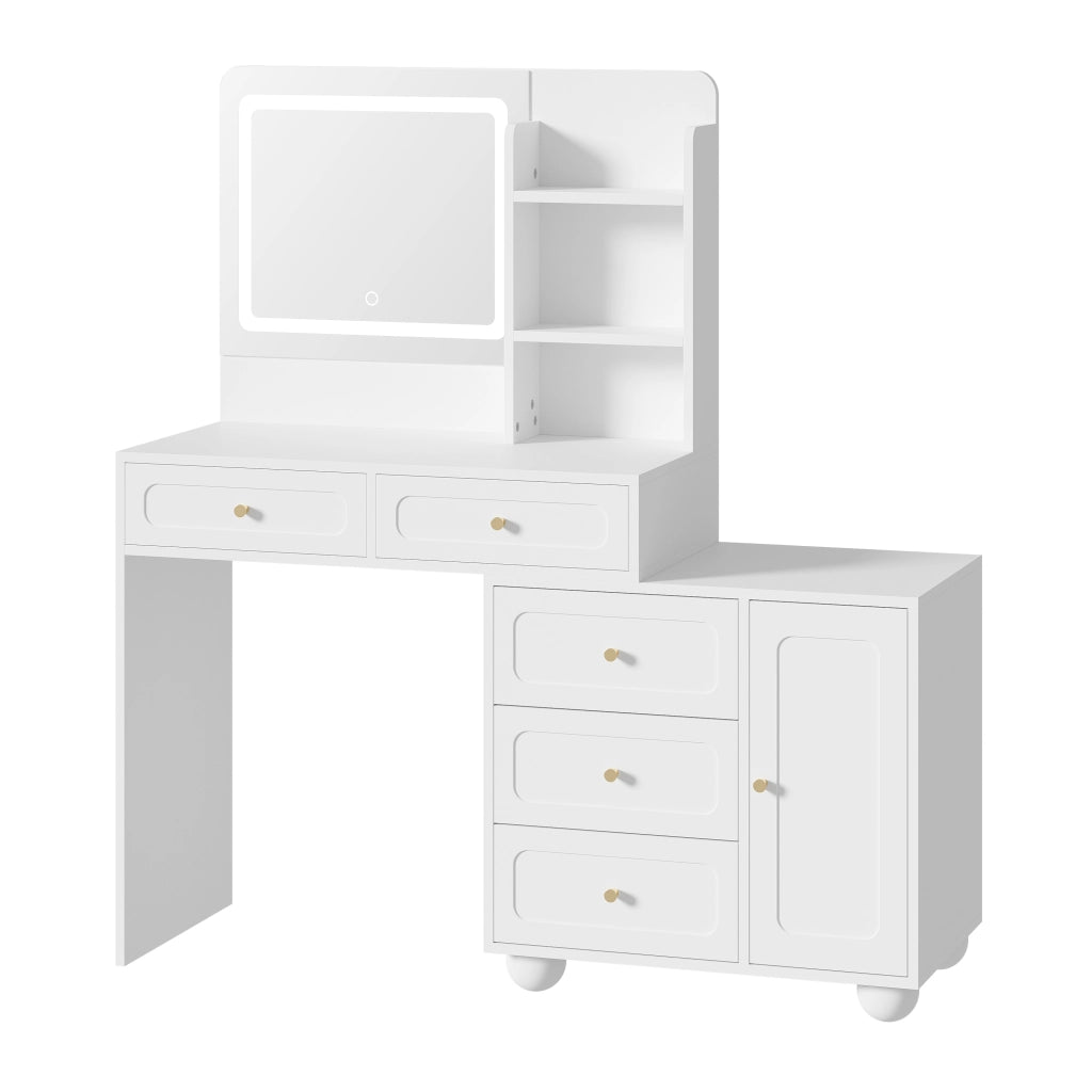Toeletta con 5 cassetti; 1 anta e 3 ripiani; specchio LED - per camera da letto - in MDF e bambù - bianco - 80×39.8×127 cm