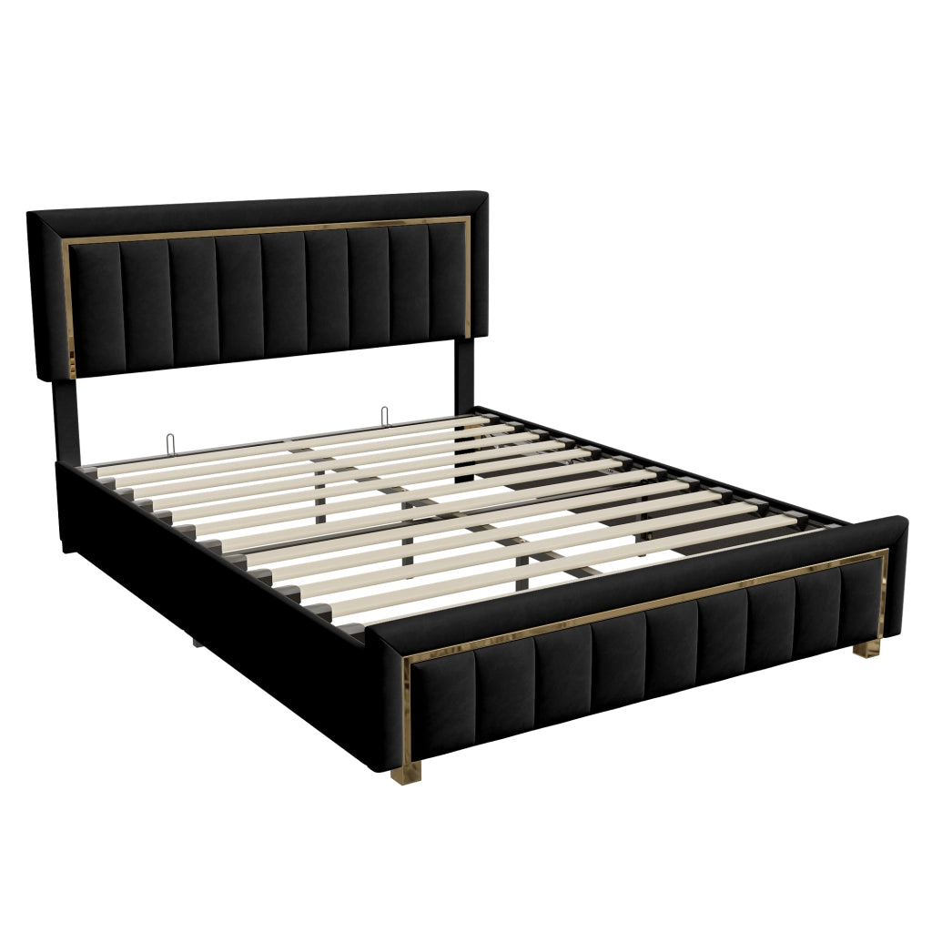 Letto matrimoniale con contenitore idraulico, velluto nero, testiera imbottita con finiture dorate, struttura robusta, dimensioni 160x200 cm, max portata 250 kg