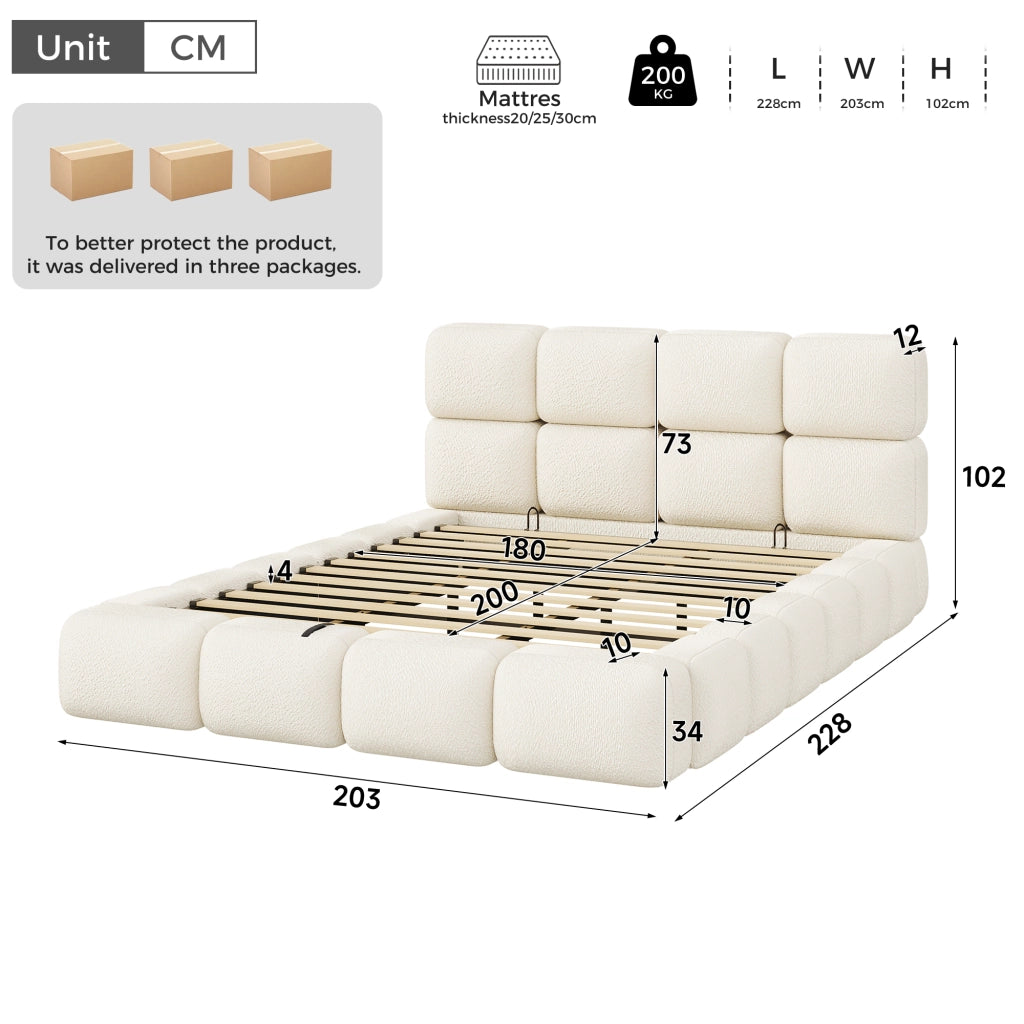 Letto matrimoniale contenitore 180x200 cm design nuvola bubble con testiera e rete a doghe; bouclé bianco