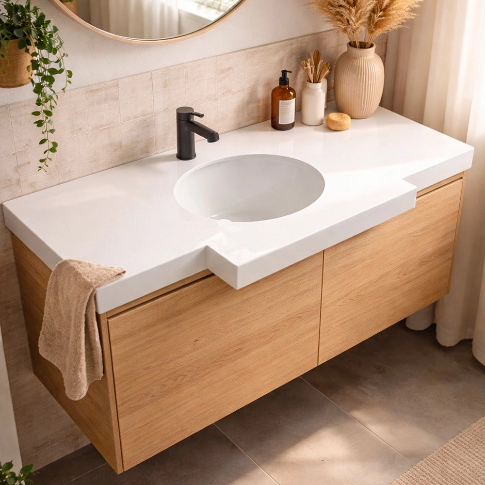 Lavabo da incasso YJ12250 con top in pietra sinterizzata e vasca in ceramica bianco lucido