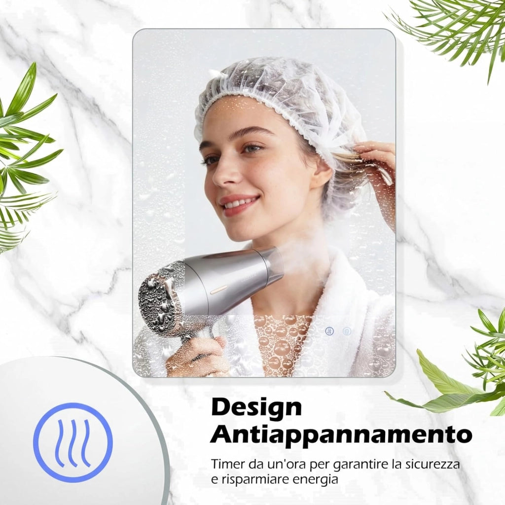 Specchio da Bagno Rettangolare con LED, Specchio da Parete con Luminosità Regolabile, Retroilluminato, Touch Intelligente, Vetro Temperato con Memoria e Anti-Appannamento (80 x 60 x 3 cm)