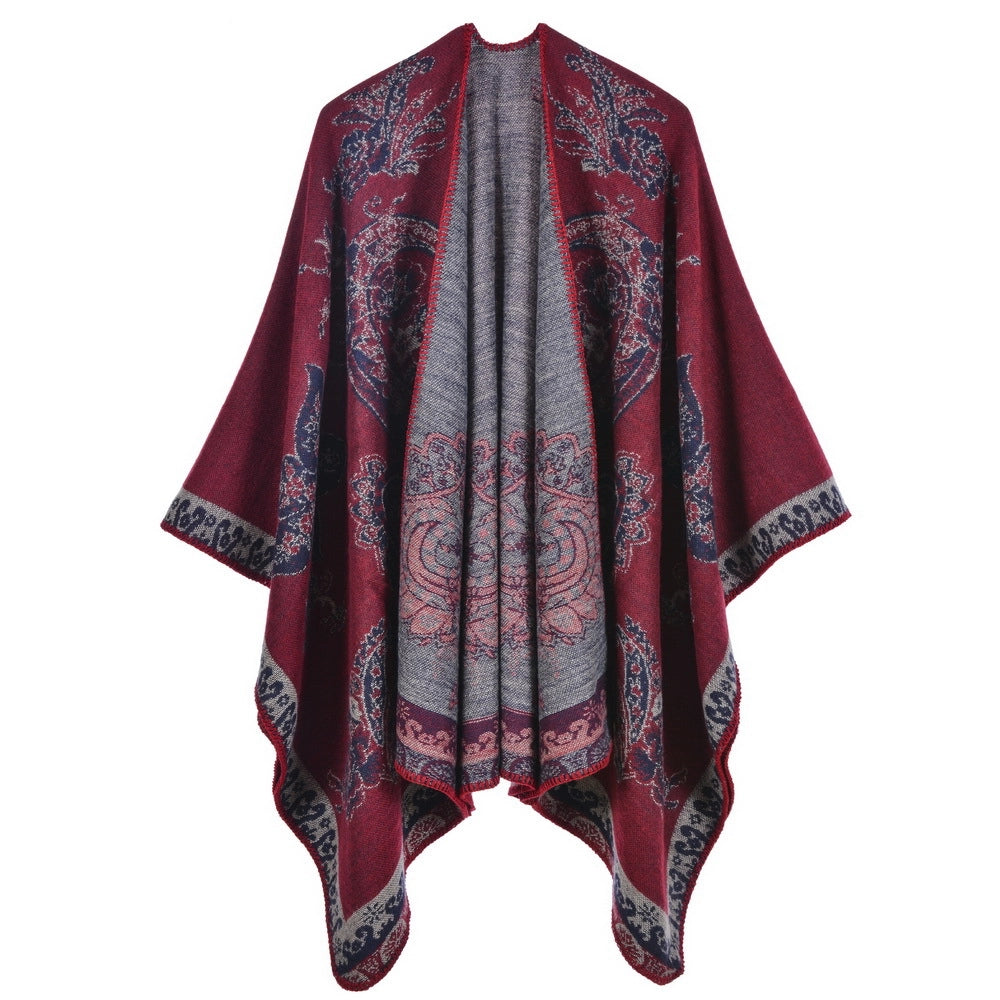 Nuovo scialle/mantella in jacquard di cashmere alla moda con spacchi, spesso e ampio, da donna.