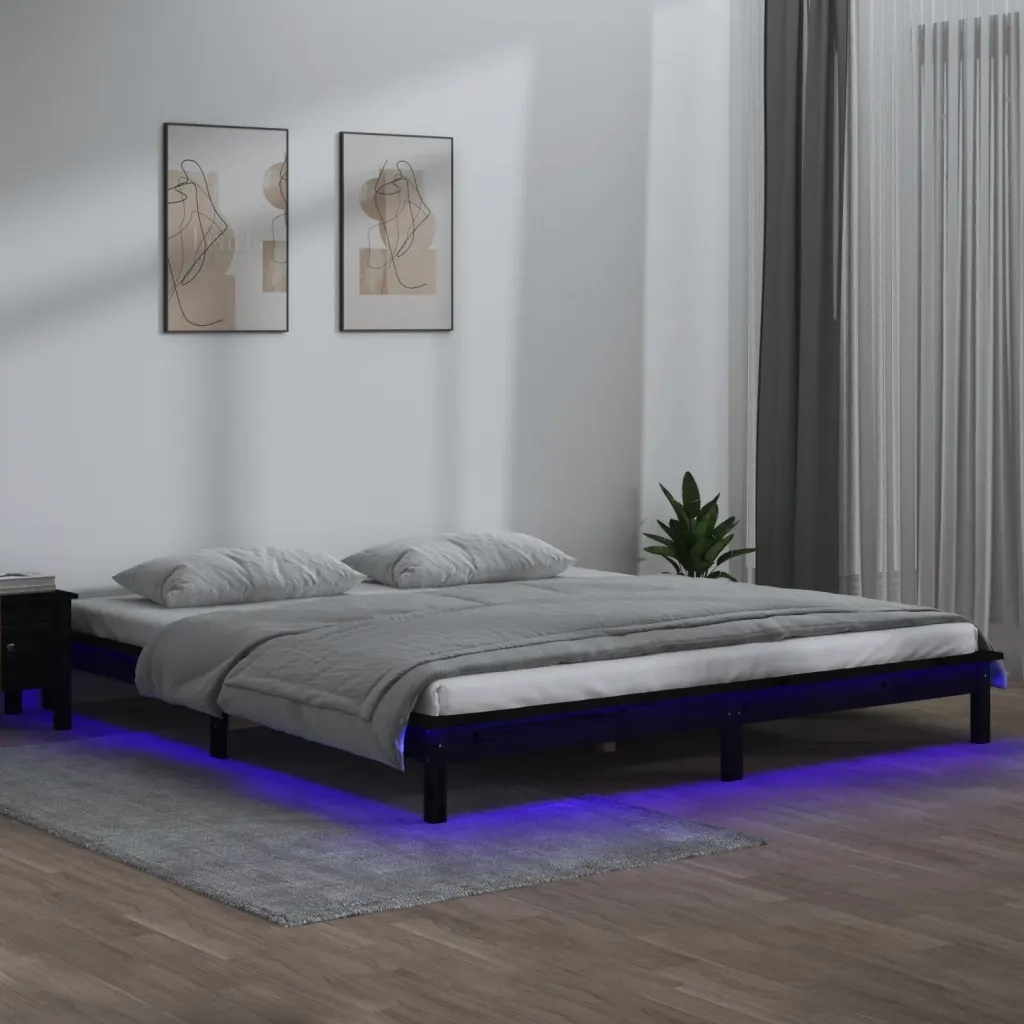 Giroletto con LED-Struttura Letto Nero 140x190 cm in Legno Massello