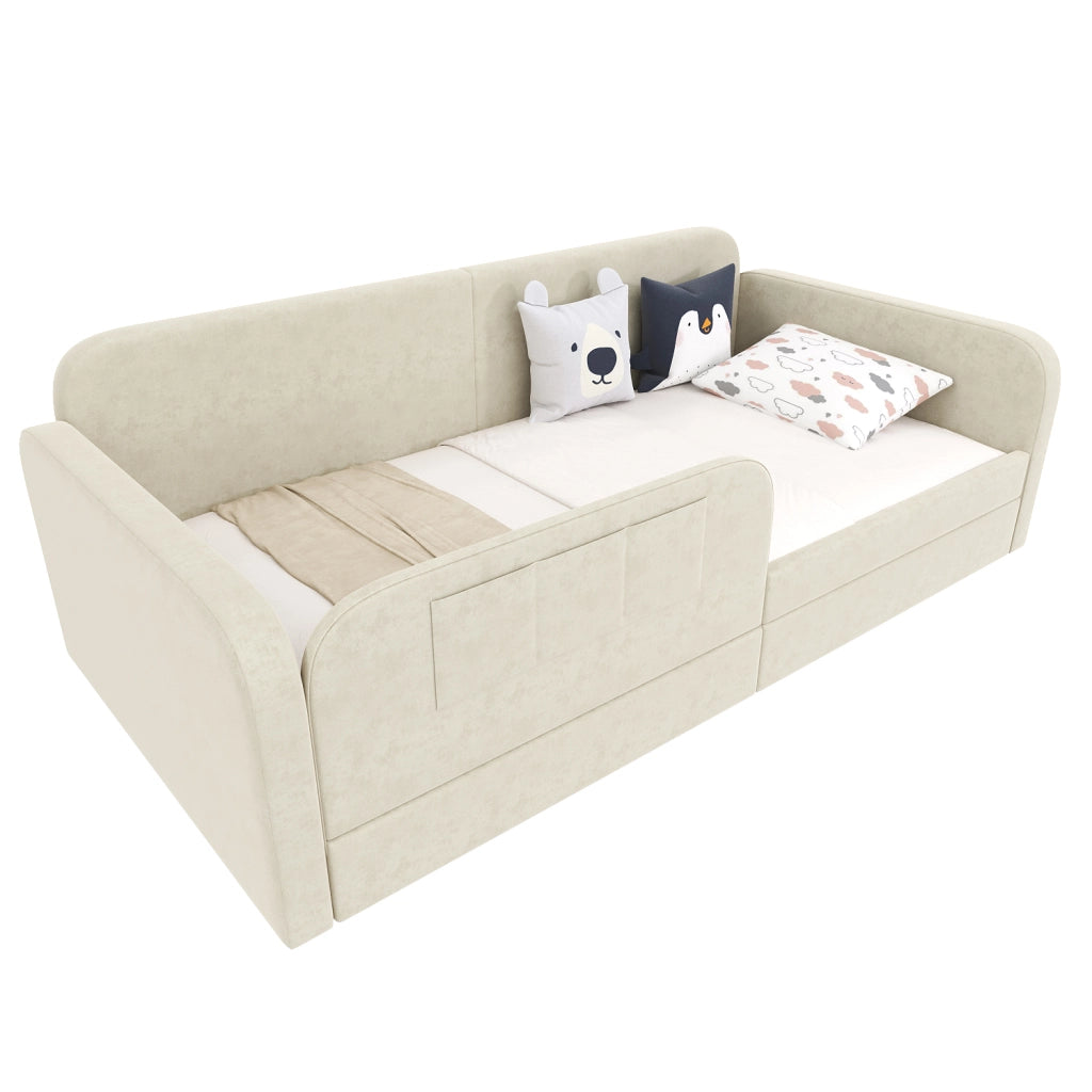 DESMIU Letto Per Bambini Singolo con 2 Cassetti, 3 Tasche e Sponde Alte, 90 × 200 cm, senza materasso, Bianco