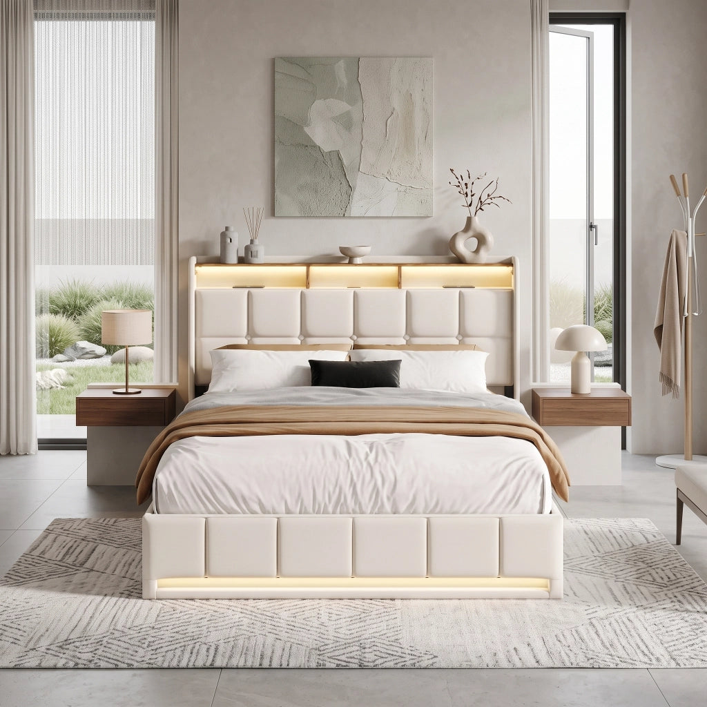 Letto una piazza e mezza 140x190 cm con contenitore LED USB testiera con mensola rete a doghe in lino - beige
