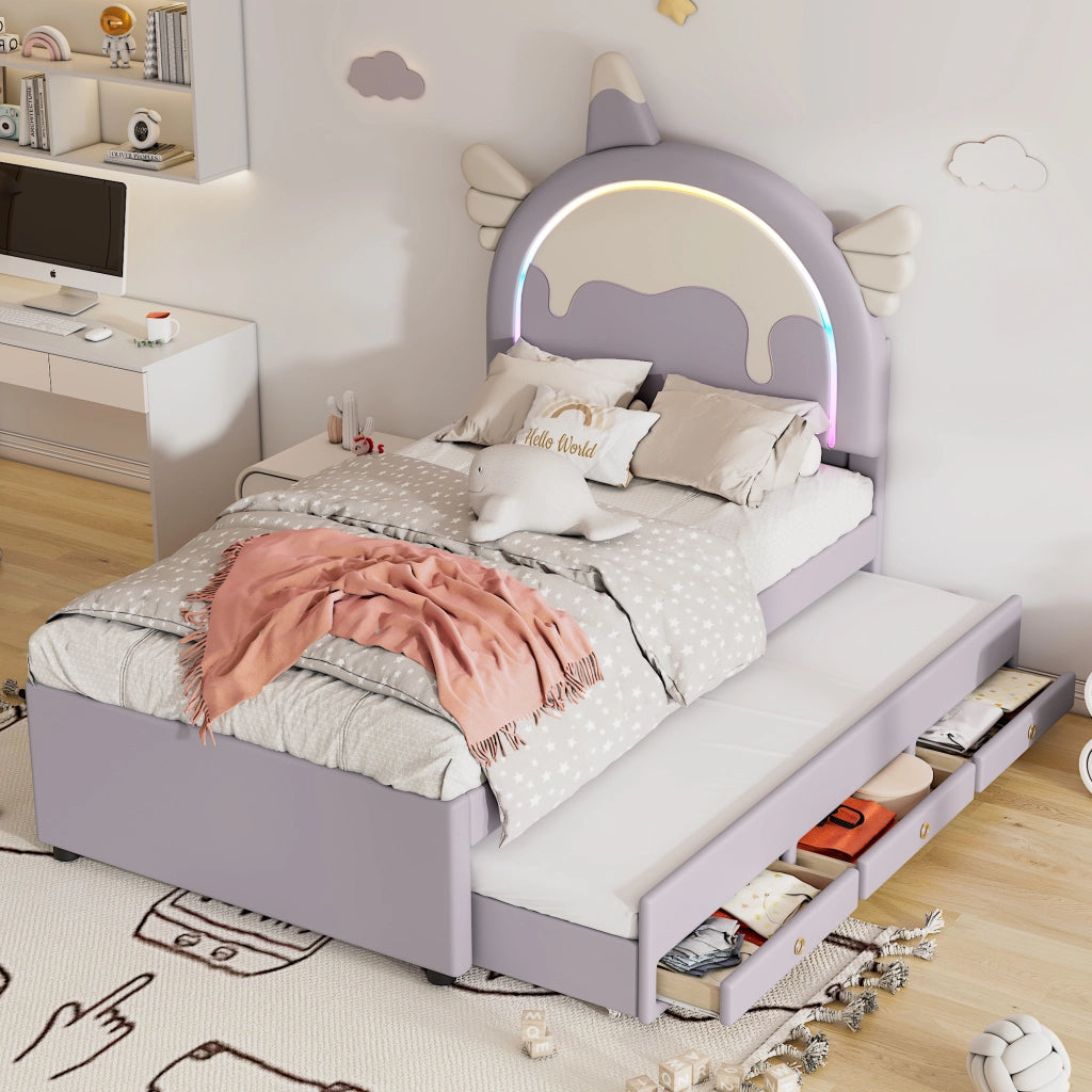 OKWISH Letto Bambini 90×200 cm, Letto Singolo con Letto Estraibile, 2 Cassetti e Testiera a Unicorno, senza Materasso, in PU, Viola