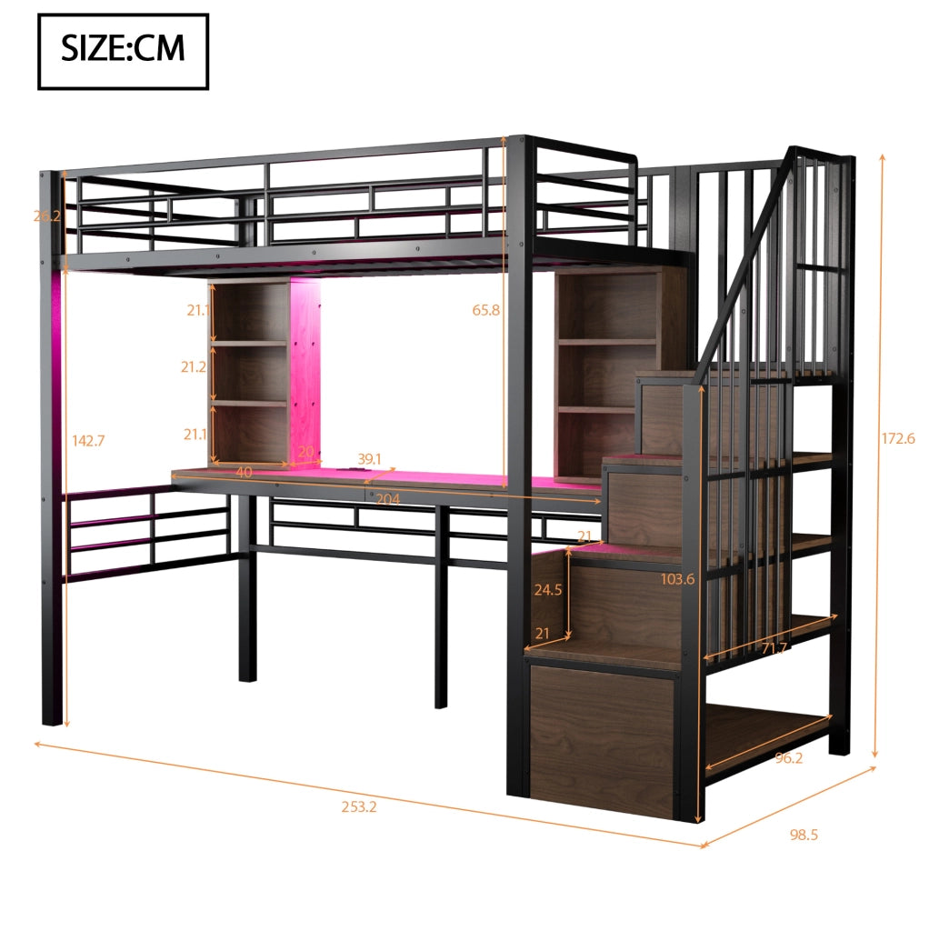 Letto a soppalco 90x200 cm con scrivania; scala contenitore reversibile e LED; nero