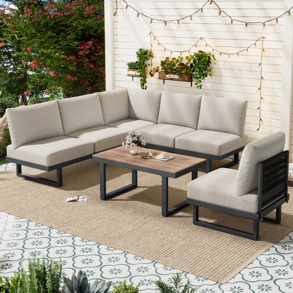 Set mobili giardino: sdraio + Divanooo angolare + lettino reclinabile + tavolino; trasformabile; acciaio; grigio