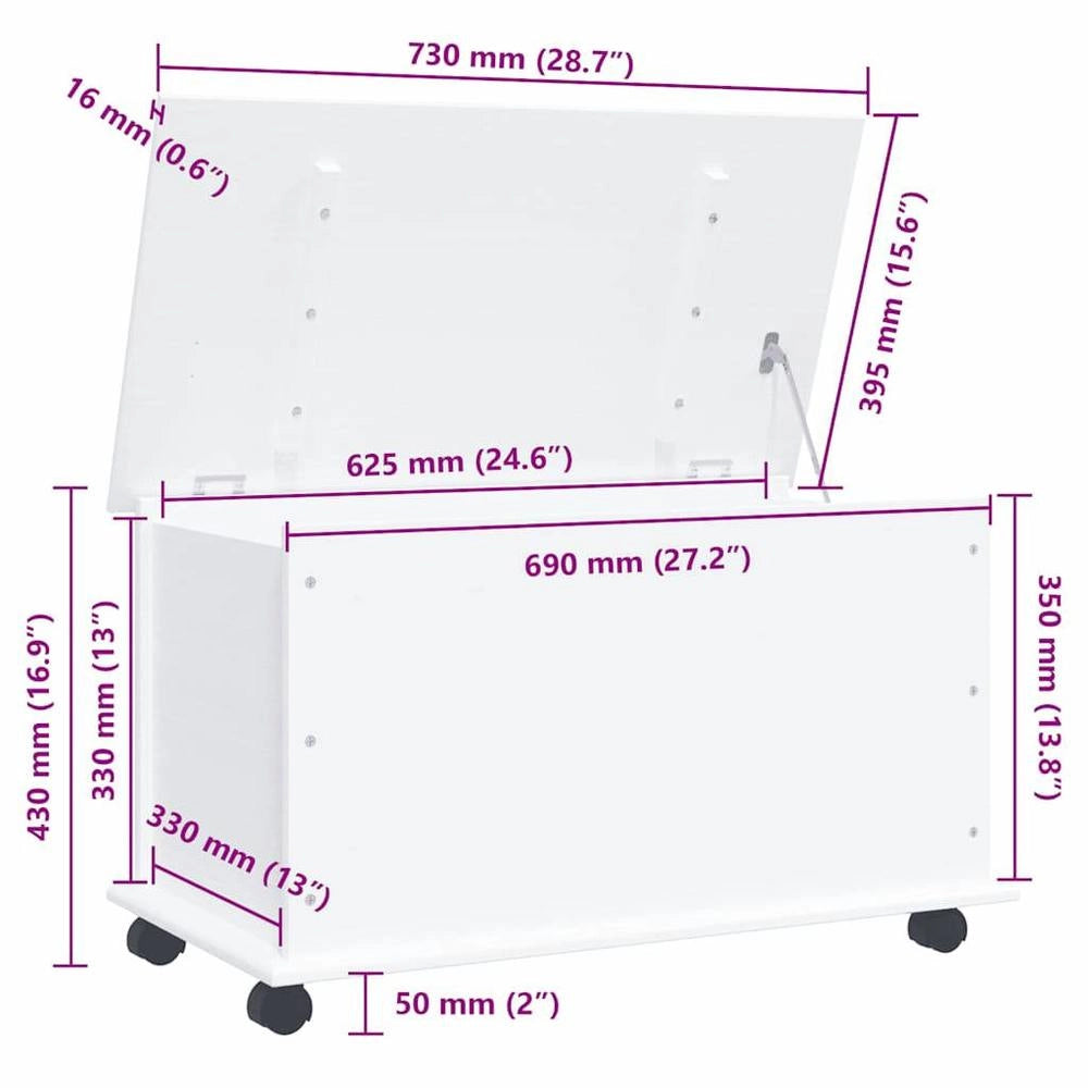 Chest With Wheels ALTA White 73x39.5x43 Cm Solid Pine Wood