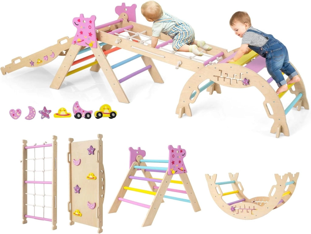 8 in 1 Set da Arrampicata per Bambini, Giocattoli da Arrampicata Pieghevoli con Triangolo Arco e Rampa, Giochi Montessori per Bambini 1 Anni + (Unicorno 4 pezzi, Macaron)