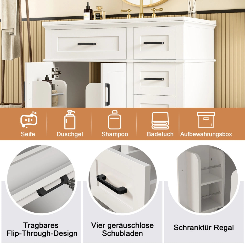 Mobile bagno freestanding bianco con lavabo in ceramica e 4 cassetti