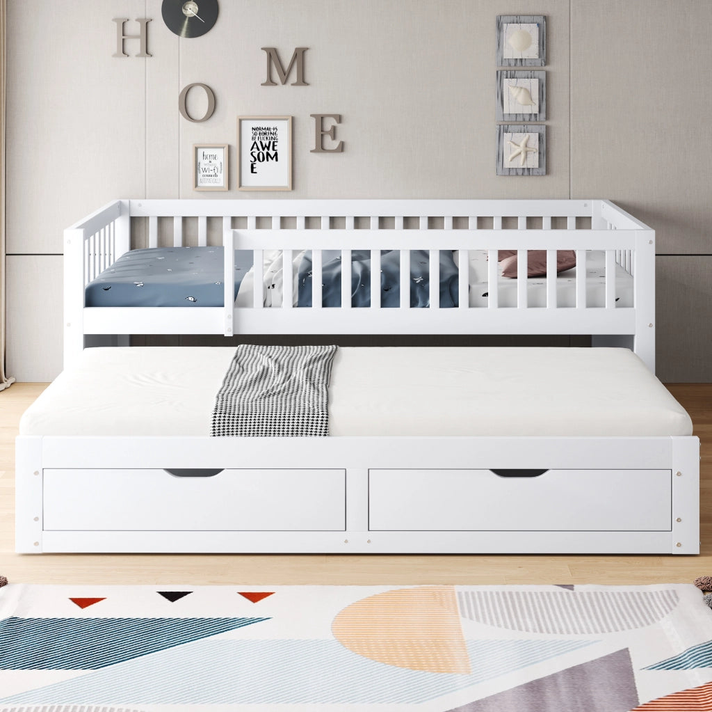 Divano letto multifunzionale con letto estraibile; 2 cassetti e sponde di sicurezza; 90x200 cm; bianco
