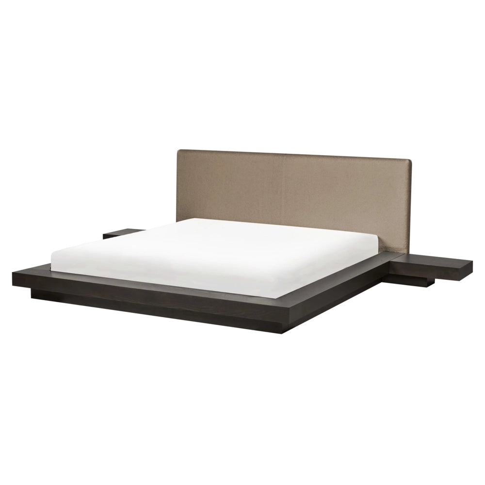 Letto matrimoniale con testata e comodini in legno scuro bouclé tortora 160 x 200 cm stile giapponese