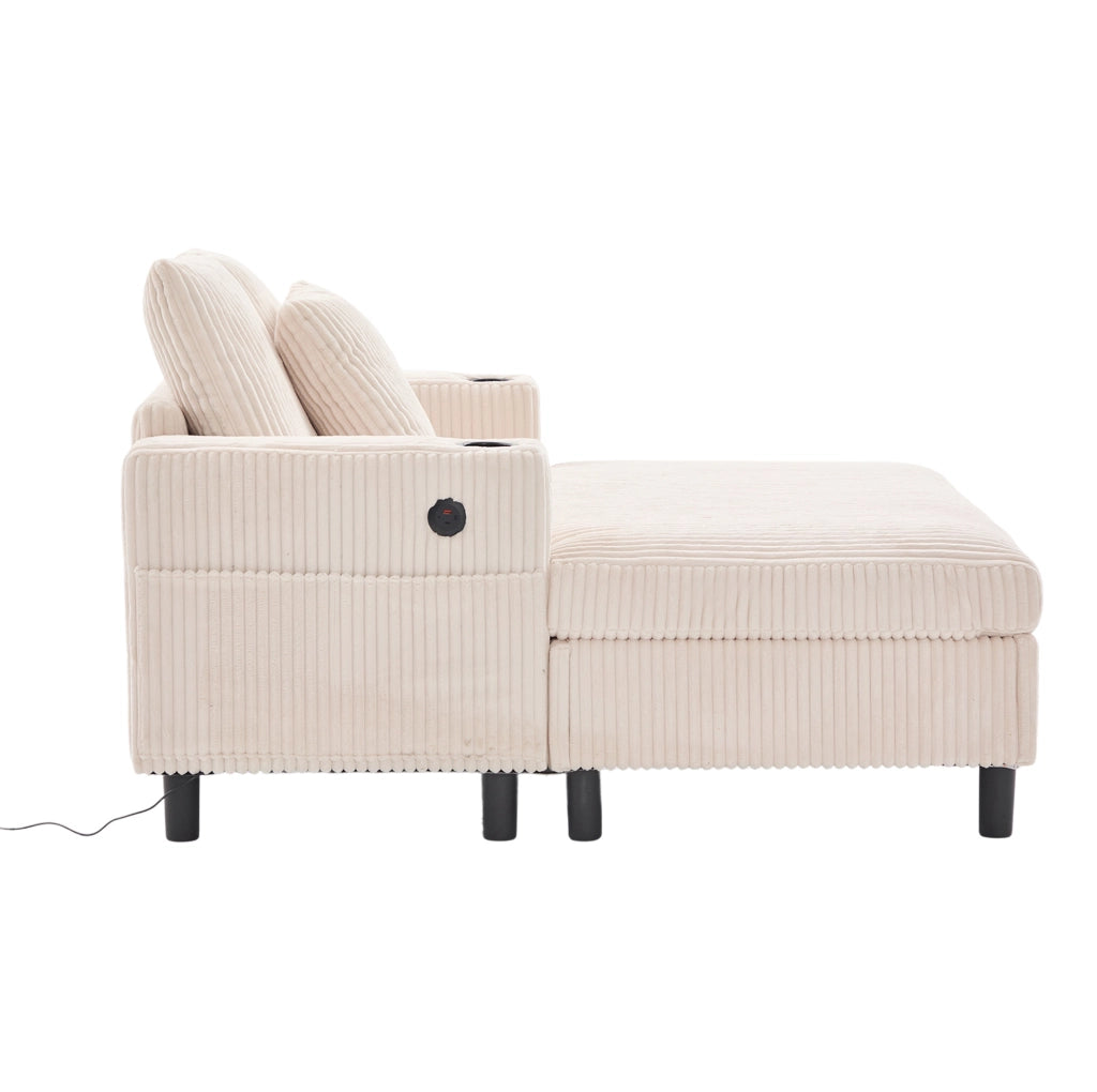 Poltrona relax 142x128x85 cm con LED; USB e portabicchiere in velluto a coste beige
