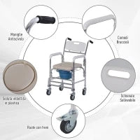 Sedia a Rotelle Impermeabile con WC Seduta in Ecopelle, 4 Ruote, Vaso Rimovibile per Anziani/Disabili, 84x54x96cm