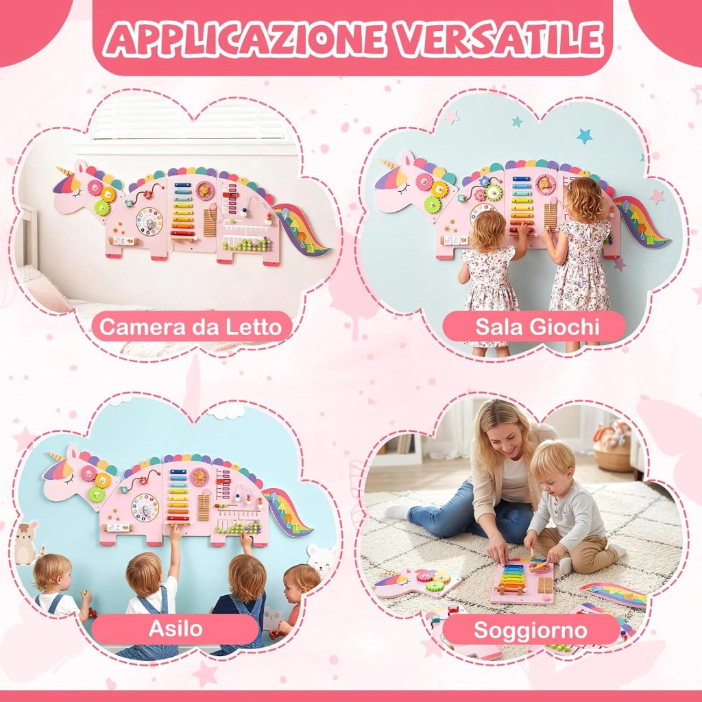 Pannelli da Parete con attività, Busy Board 11 in 1 Montessori in Legno per Sviluppo Sensoriale, Centro di attività Educativo Montato a Parete per Stanza Giochi, Asilo Nido (Unicorno)