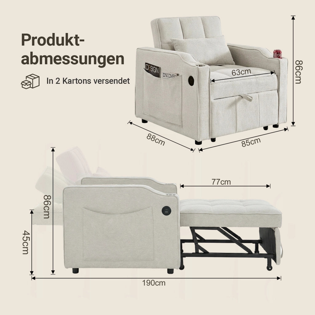 Divano letto 3 in 1 - con schienale regolabile; porta USB e porta bicchieri - in legno e tessuto - beige