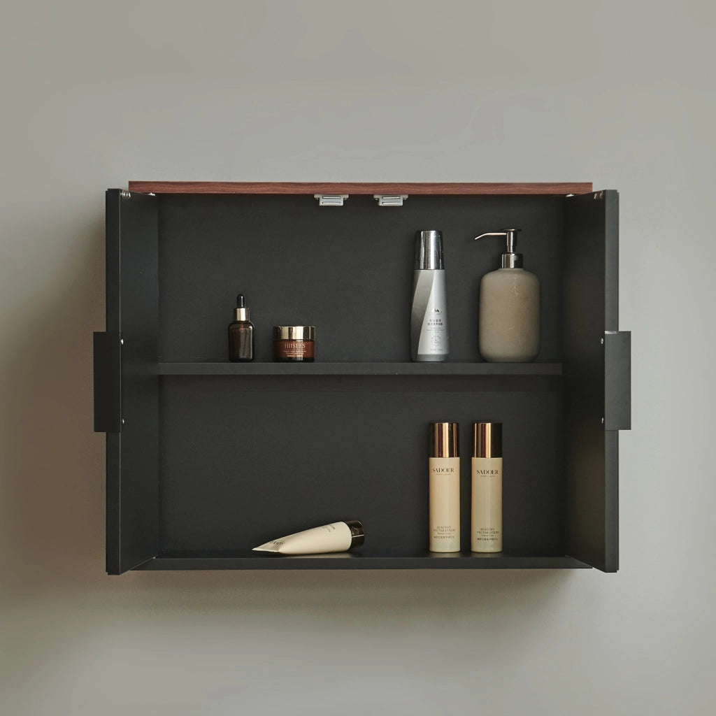Mobiletto da Parete Trond con 2 Ante a Specchio Armadietto Pensile da Bagno 50 x 60 x 15 cm - Nero/Effetto Noce [en.casa]