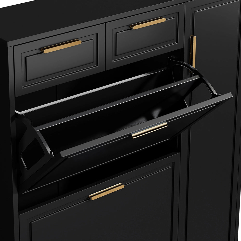Scarpiere moderna - Xylo - L95/P24/H107 - Nero - Ripiani regolabili, maniglie dorate, cassetti, pieghevole