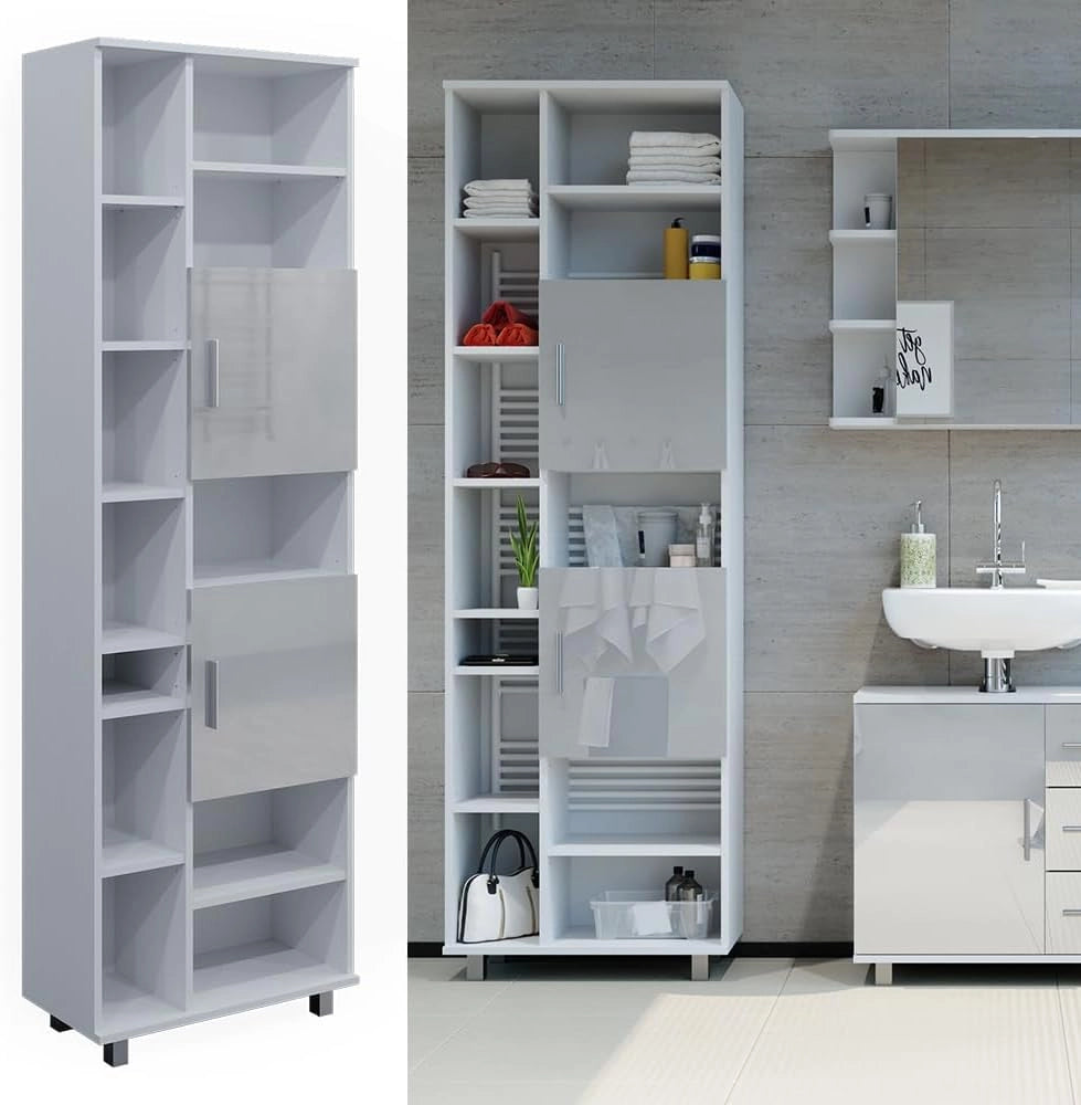 Mobile bagno alto Ilias, Bianco lucido, 60 x 190 cm, con ripiani regolabili per una conservazione ordinata