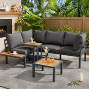 Set mobili da giardino con divano angolare; tavolino laterale e tavolino trasformabile in pouf; grigio e nero