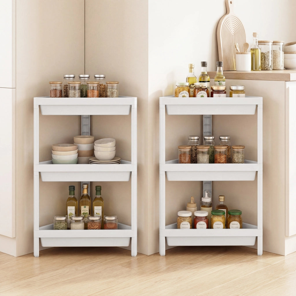 Set da 2 scaffali angolari da doccia a 3 ripiani con fori di drenaggio, Organizer da terra autoportante smontabile per bagno cucina camera e soggiorno Bianco