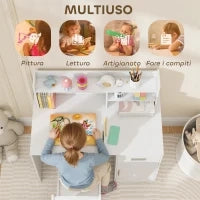 Scrivania per Bambini con Scaffali, Armadietto, Cassetto e Sedia per Bambini Abbinata in MDF Bianco