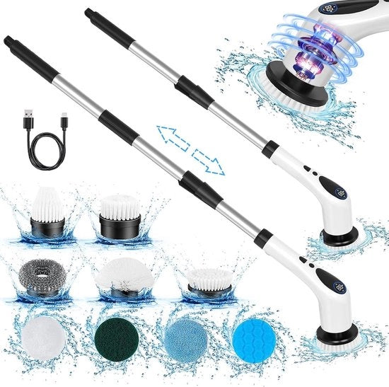 Risparmia tempo con la schiuma rotante a batteria - set di pennelli intercambiabili - regolazione della lunghezza e della velocità - ideale per pavimenti di bagno, piastrelle, finestre e cucine schiuma con asta