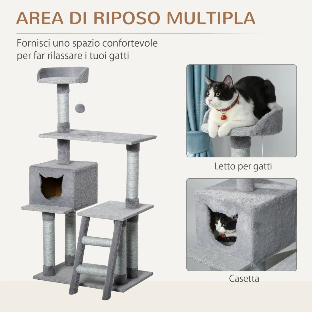 Tiragraffi per Gatti Multilivello con Casetta e Piattaforme ¨C Zephmum ¨C Grigio, Corda di Juta, 61x40x124