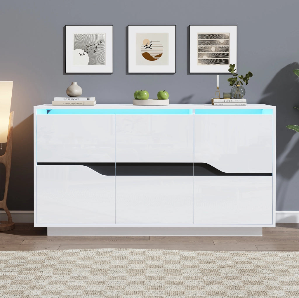 Credenza moderna bianco e nero 140 x 40 x 70 cm con LED e ante regolabili