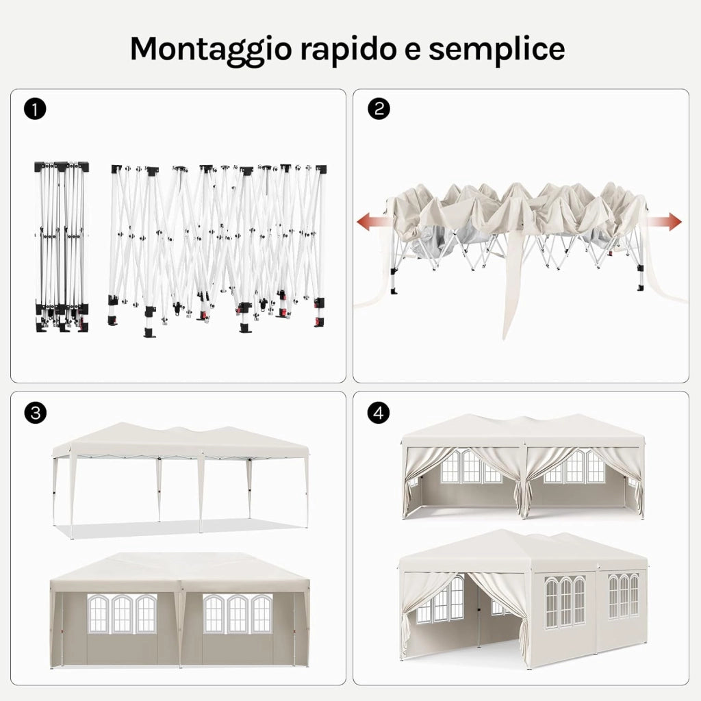 Gazebo Esterno Resistente 3x6 m, Tendone da Giardino con 6 Pareti Rimovibili, Sistema Pop-Up, Altezza Regolabile, Borsa da Trasporto, per Campeggio, Festa, Matrimonio, Beige