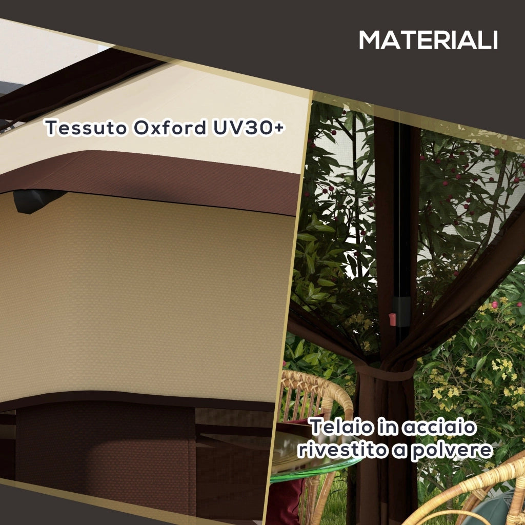 Gazebo Regolabile su 3 Livelli con Pareti Rimovibili 3x3m in Acciaio e tessuto Oxford Caffè e Beige