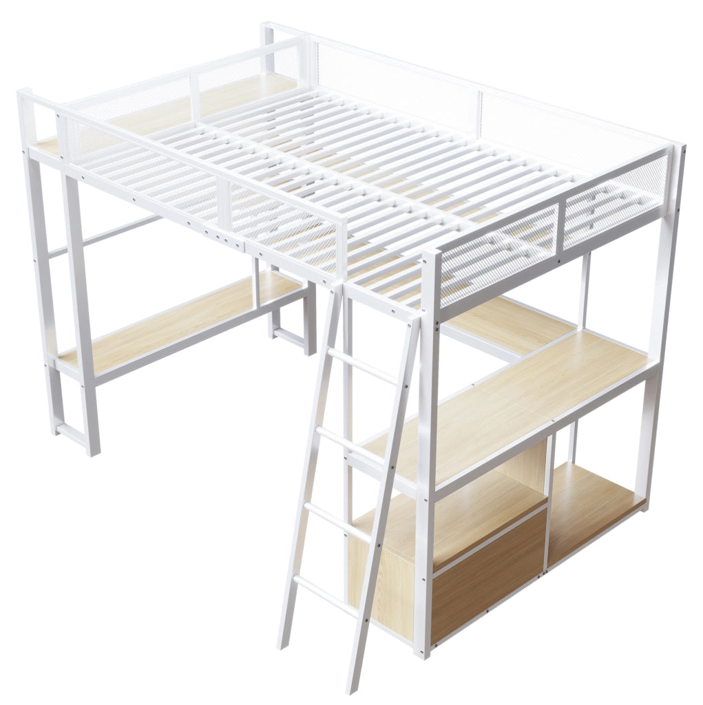 Letto a soppalco 140x200 cm con scrivania; LED e portaoggetti in MDF e metallo bianco