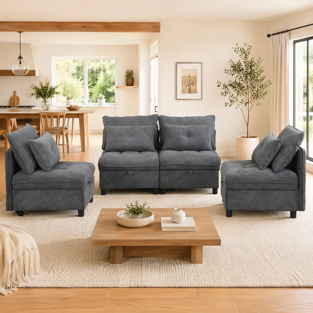 DIVANO modulare 4 posti in chenille grigio antico con contenitore