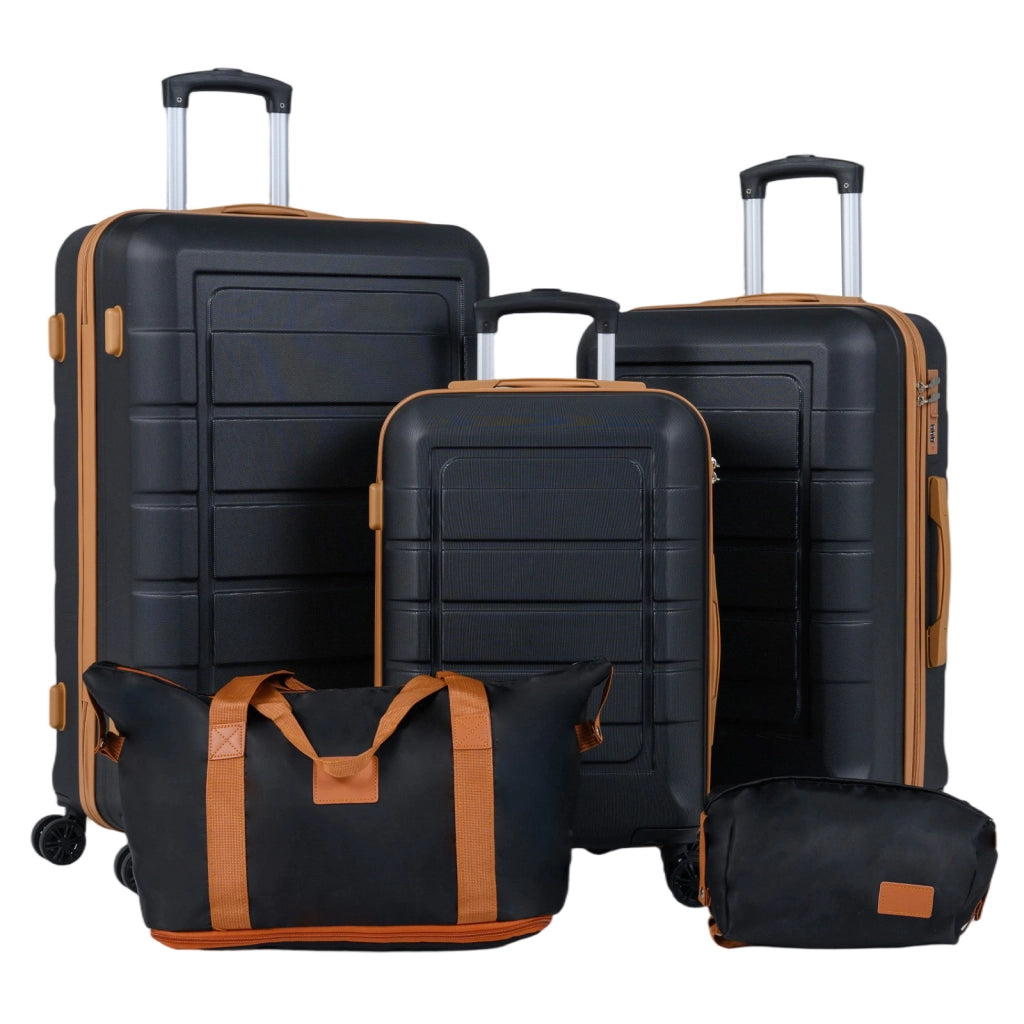 Set di 5 pezzi valigie da viaggio con 1 bagaglio a mano e 1 borsetta lucchetto a codice, Set 3 valigie rigide in abs Nero