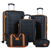 Set di 5 pezzi valigie da viaggio con 1 bagaglio a mano e 1 borsetta lucchetto a codice, Set 3 valigie rigide in abs Nero