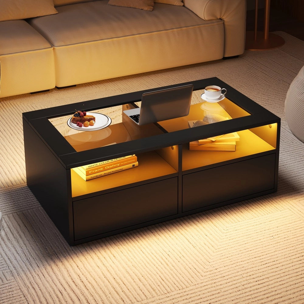 Tavolino da Caff¨¨ con LED e 2 Cassetti ¨C MINIMAL ¨C Vetro Nero, Design Moderno, 100x50x35