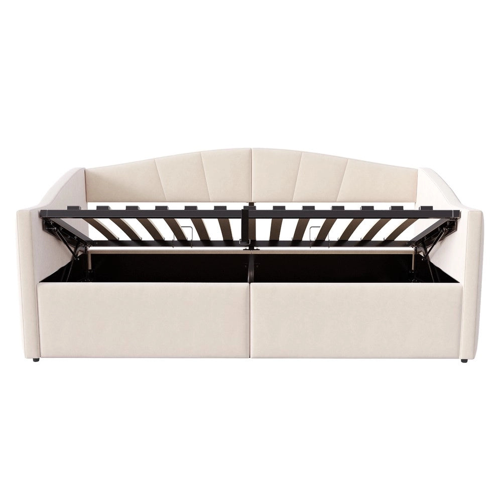 Letto imbottito contenitore 90x200 ¨C Minimal ¨C beige velluto con rete a doghe e braccioli