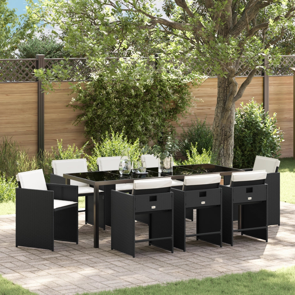 Set da Pranzo Giardino 9 Pezzi con Cuscini Rattan PE Nero
