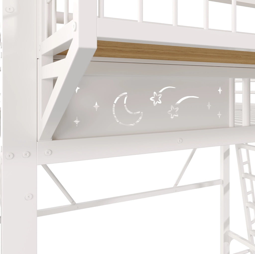 Letto a soppalco 140x200 cm in metallo bianco con vani contenitore e scala reversibile