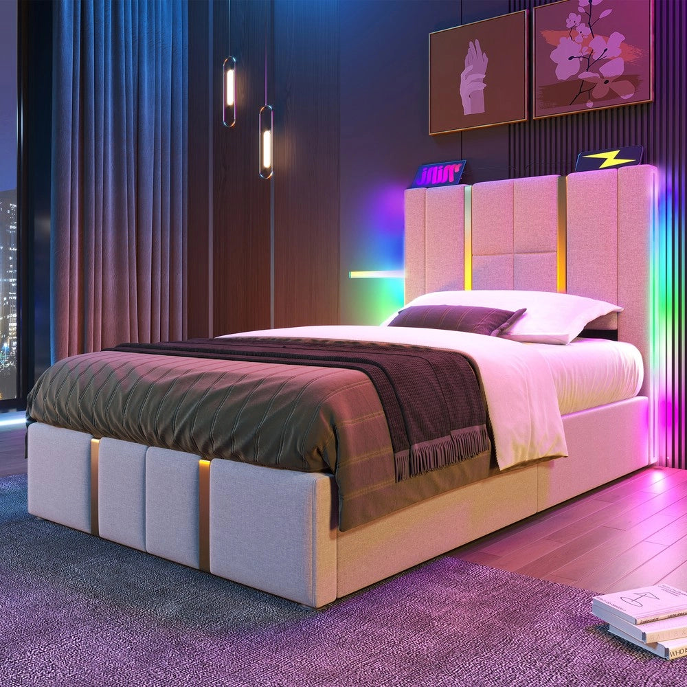 Letto Imbottito Singolo con Contenitore e LED ¨C MINIMAL ¨C Beige, Tessuto Lino, 90x200, Doghe in Legno